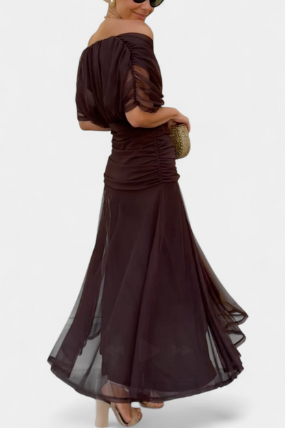Women brown ruched midi dress off-shoulder back view with flowing skirt