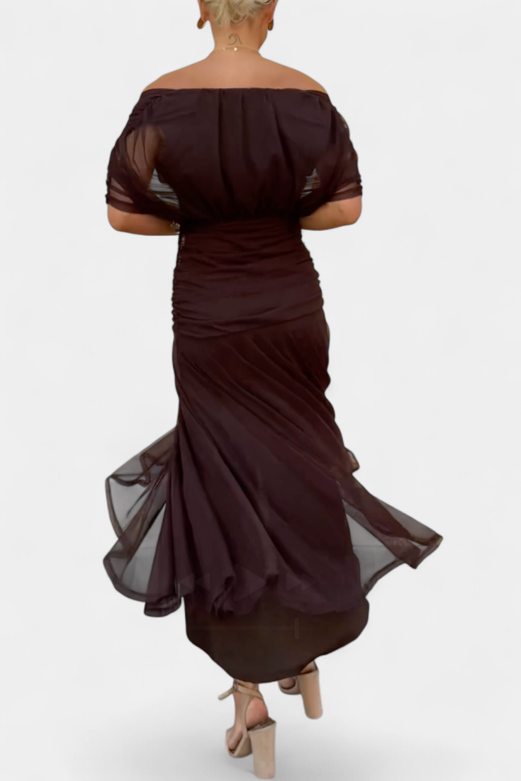 Women brown off-shoulder midi dress back view showing ruched bodice and midi length