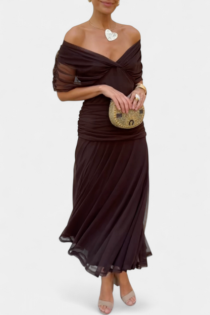 Women brown off-shoulder ruched midi dress with draped sleeves front view
