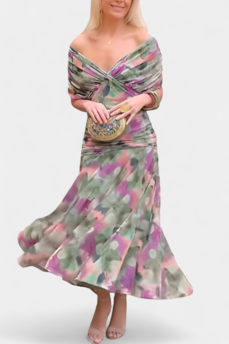 Women abstract print off-shoulder ruched midi dress in pink green tones