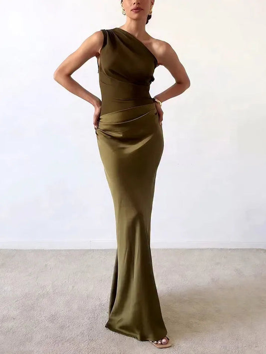 Women olive green one-shoulder maxi dress with ruched waist detail and flowing skirt