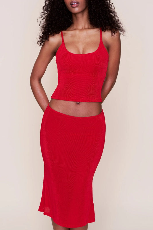 Women red ribbed knit two-piece set with scoop neck tank and midi skirt