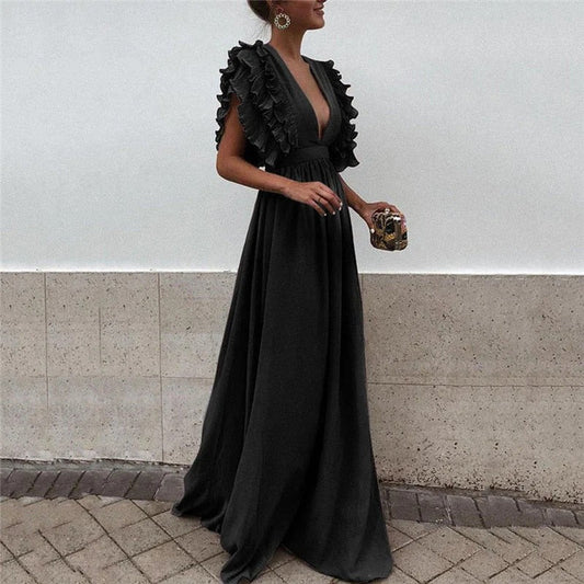 Women black maxi dress with plunging V-neckline and tiered ruffled flutter sleeves