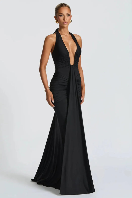 Women black halter plunge maxi dress with ruched body detailing and train hem