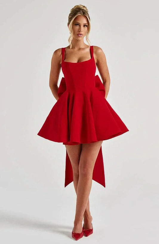 Women red cocktail mini dress with square neckline and dramatic back bow with tails