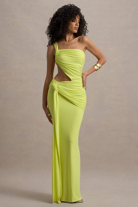 Women neon yellow one-shoulder maxi dress with side waist cut-out and ruched bodice