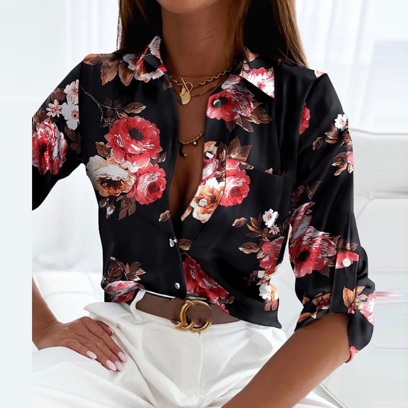 Women black floral rose print button-front blouse with spread collar and roll-tab sleeve design