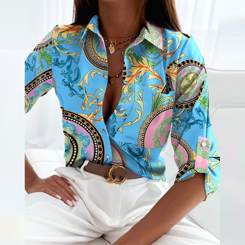 Women's Geometric Print Collared Long Sleeve Blouse