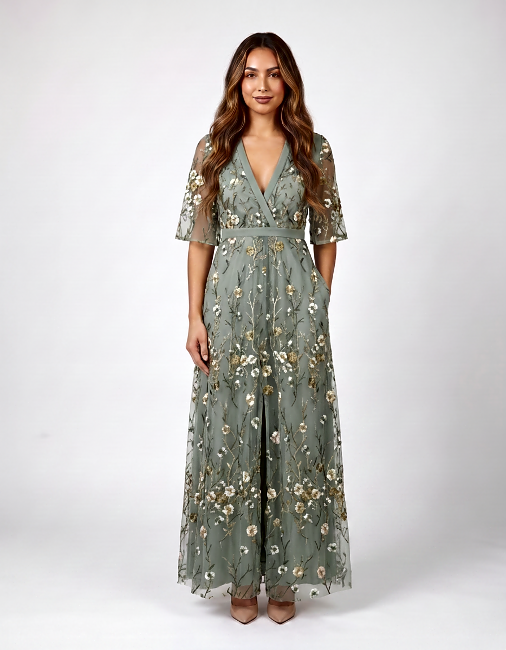 Sage green embroidered floral wedding guest V-neck maxi dress front view