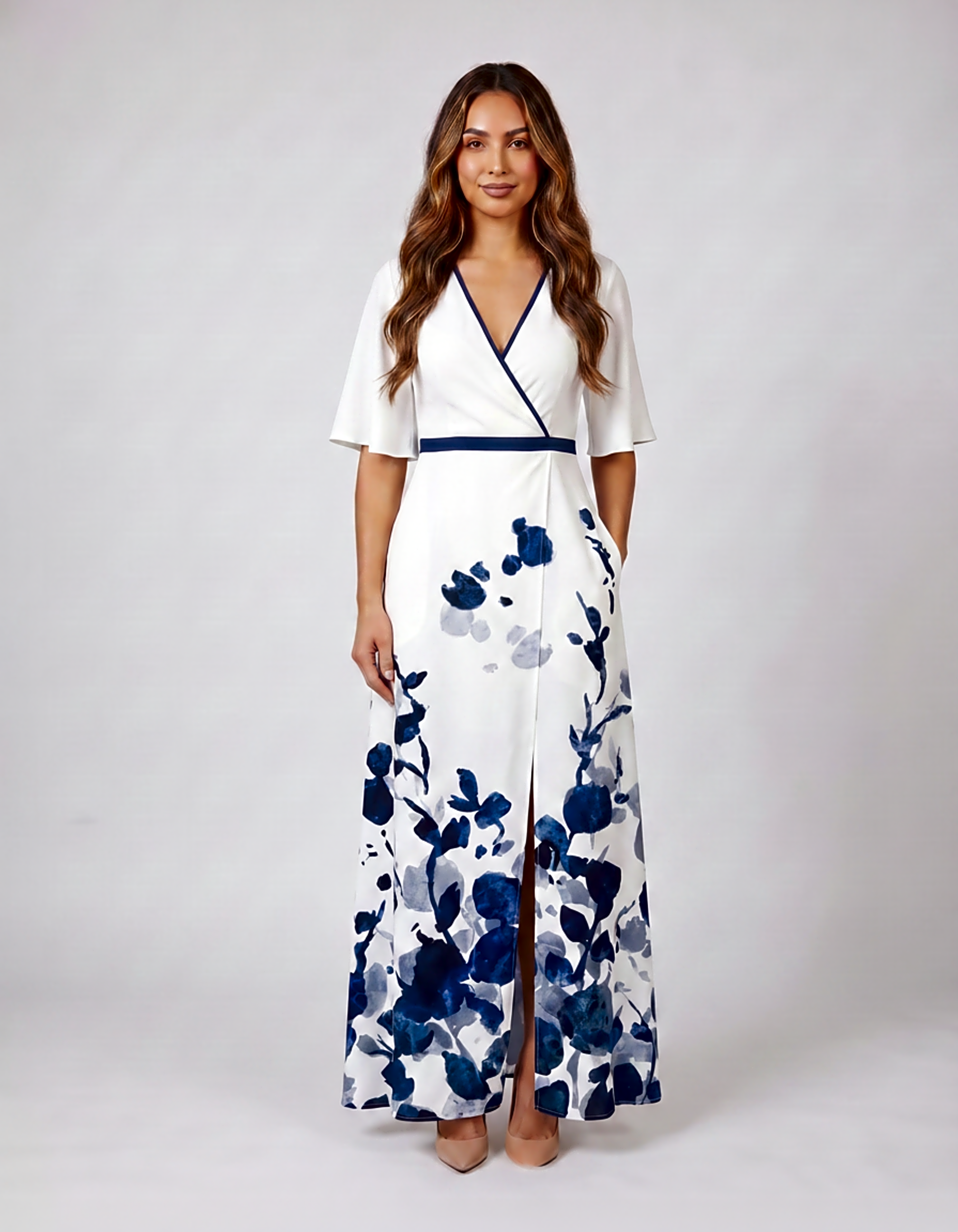 White wedding guest V-neck maxi dress with navy blue floral print and trim binding front view
